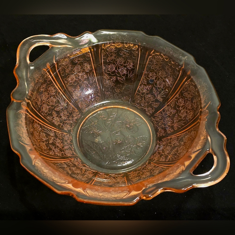 Jeannette Glass Cherry Blossom Pink Depression Glass 9" Serving Bowl w/ Handles